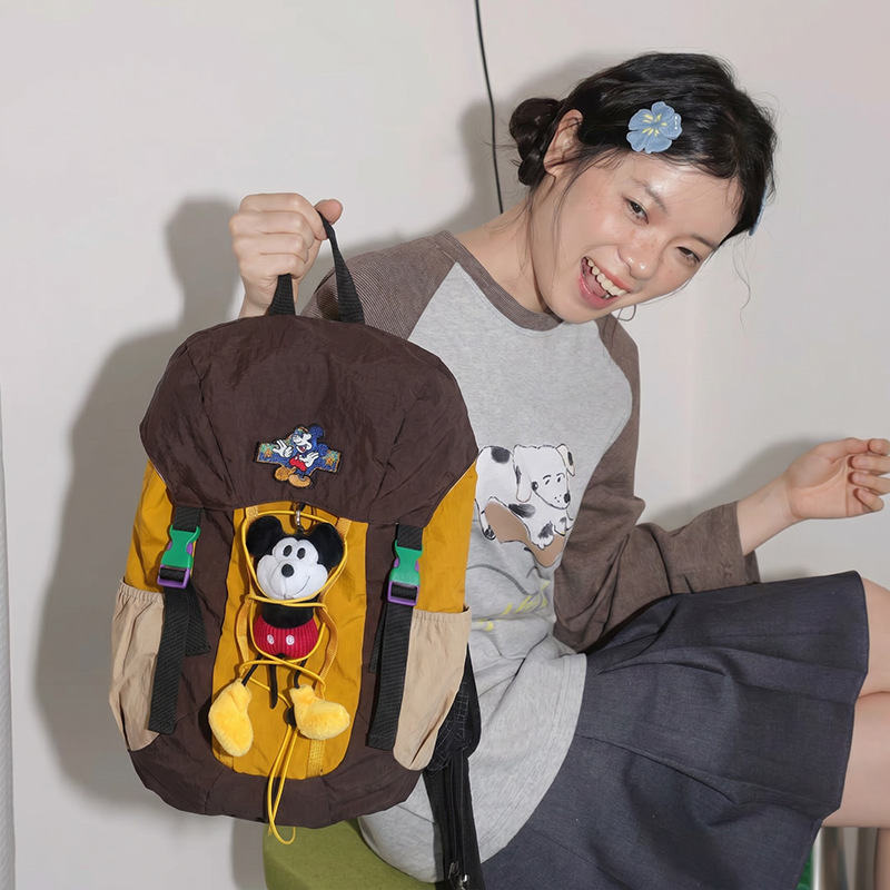 Cute plush Mickey backpack for female students, casual backpack with cartoon doll decoration, multi-color patchwork school bag