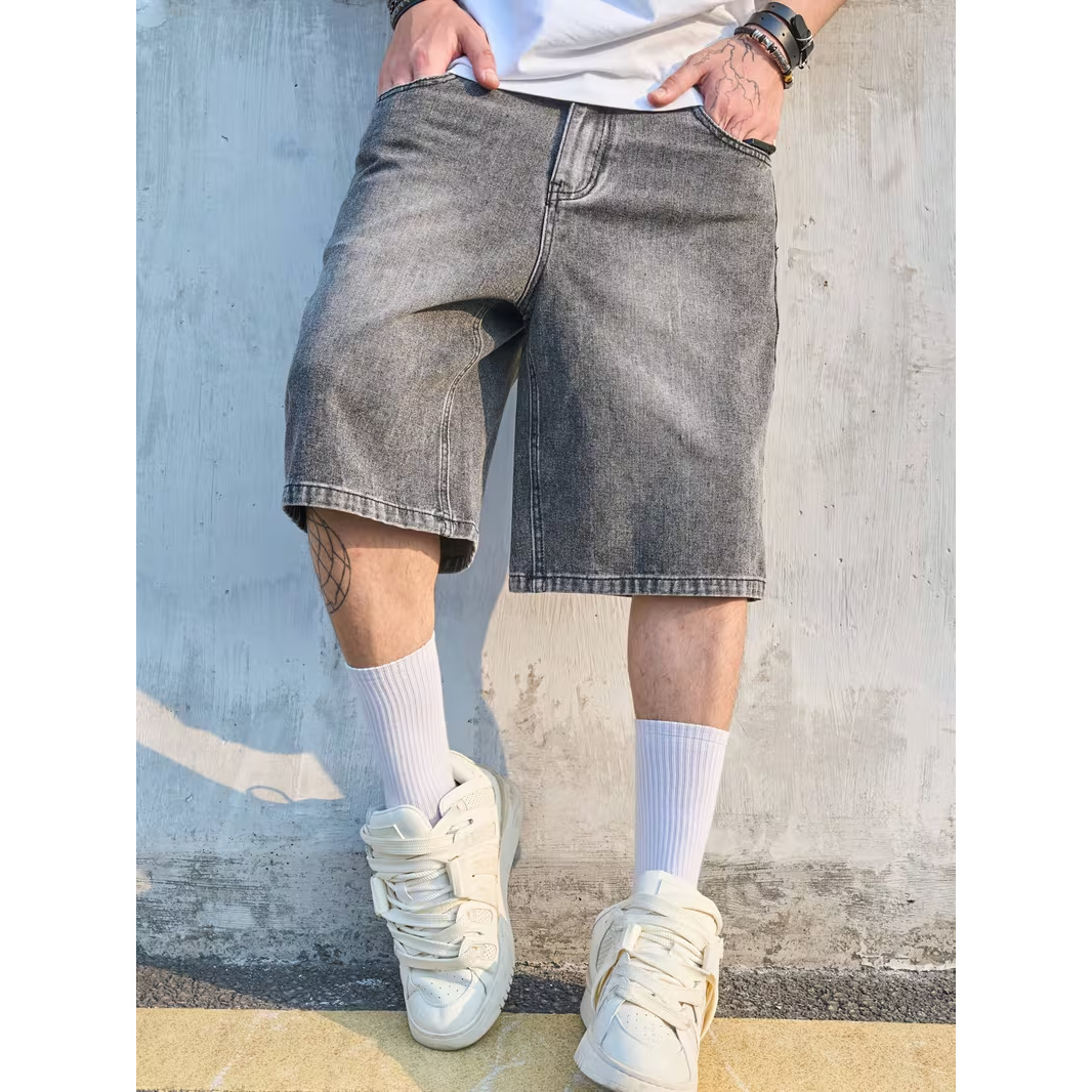Stonewashed denim shorts voor heren, 12,7 cm binnenbeenlengte, relaxte pasvorm, middelhoge taille, rechte pijpen, casual shorts voor mannen_voghion.com