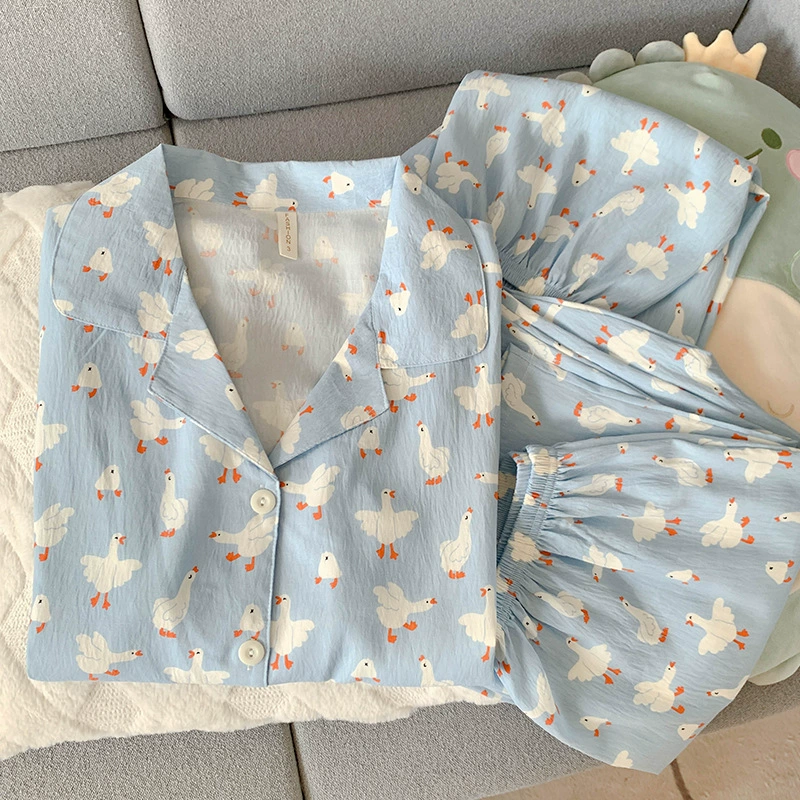 Летний пижамный комплект, корейский стиль, 3 предмета: короткий рукав + шорты + штаны, лёгкий