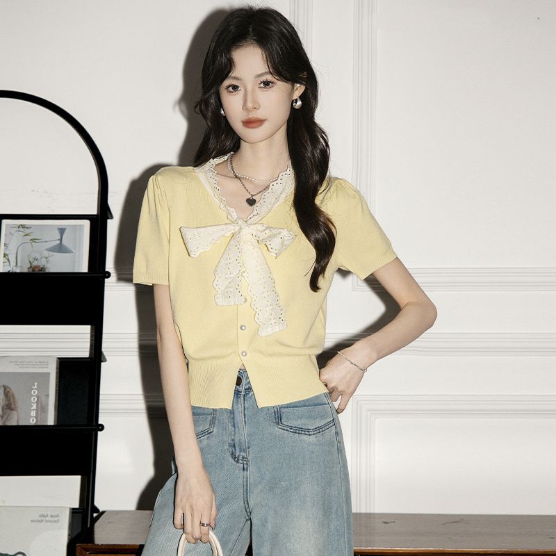 Tweed Style Lace Bow Tie Short-Sleeved Knitted Cardigan for Women Summer Waist Slimming Look Unique Beautiful Thin Top