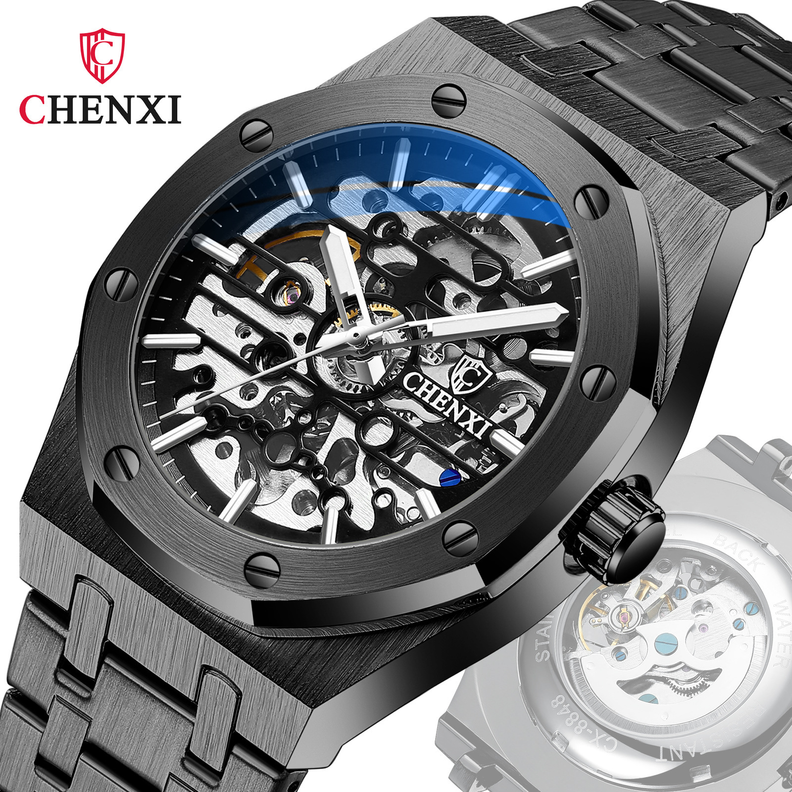 CHENXI reloj mecánico automático hueco inferior octogonal Shell moda correa de acero mariposa hebilla reloj mecánico creativo