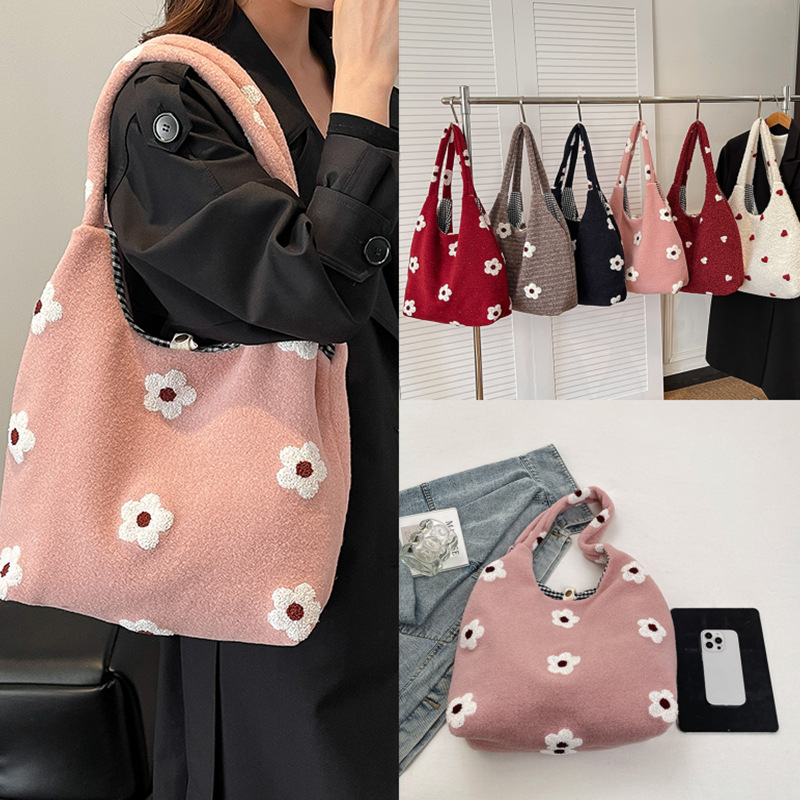 Stuffed Flower Embroidered Shoulder Bag Autumn and Winter Sweet Niche Plush Bag Literary Forest Tote Bag Korean Style Tote Bag
