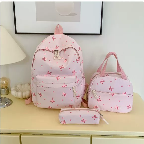 Bowknot Three-Piece Backpack Set for Women, Large Capacity Junior High School Student Backpack, Floral Sweet Backpack, New for Elementary School Students
