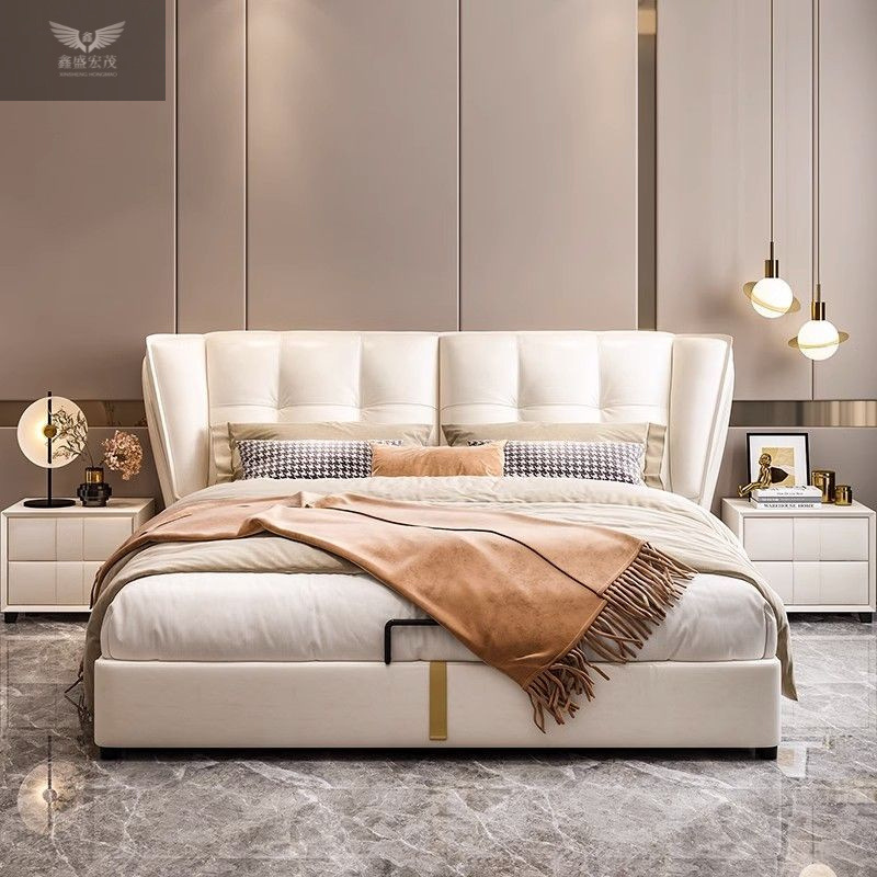 Cama doble, cama de cabecera, cama de lujo ligera, cama de 1,5 metros, cama de viento de crema, cama grande italiana, cama de matrimonio de 1,5 dormitorios.