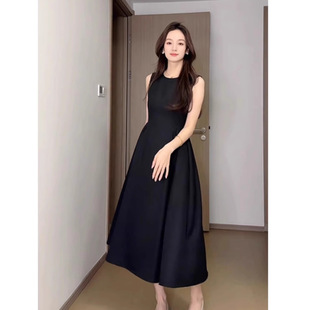 French Style Elegant Round Neck Tight Waist Slimming Stitching Pleated Design Long Vest dress Women's 2025 New Explosions