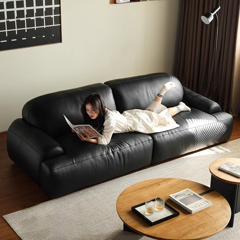 Sofá de cuero vintage italiano minimalista sofá de sala de estar de cuero diseñador de estilo medieval negro sofá recto