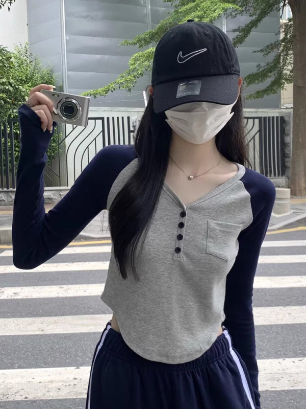 韩系小个子v领长袖T恤女装秋季新款撞色插肩修身内搭正肩短款上衣|undefined