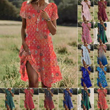 跨境亚马逊速卖通独立站夏季爆款文艺民族风大圆领中长款连衣裙