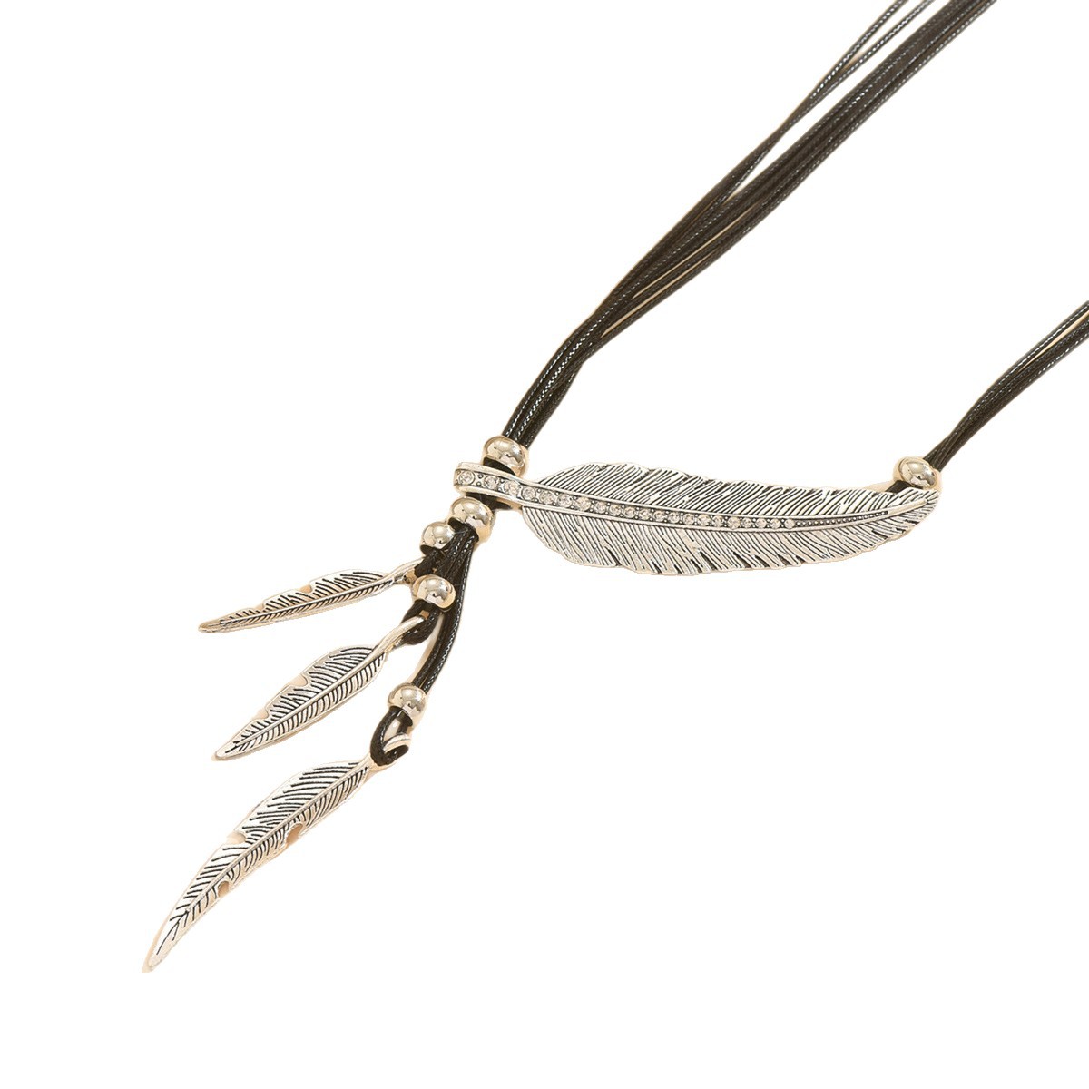 Collier Bohème Rétro À Plumes Et Feuilles Avec Strass Multicouche_voghion.com