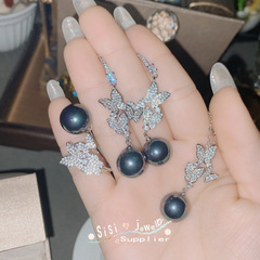 SIsi銅底鍍金復古新款鑲大地溪14mm黑珠貝珠時尚蝴蝶手工鑲鑽套裝