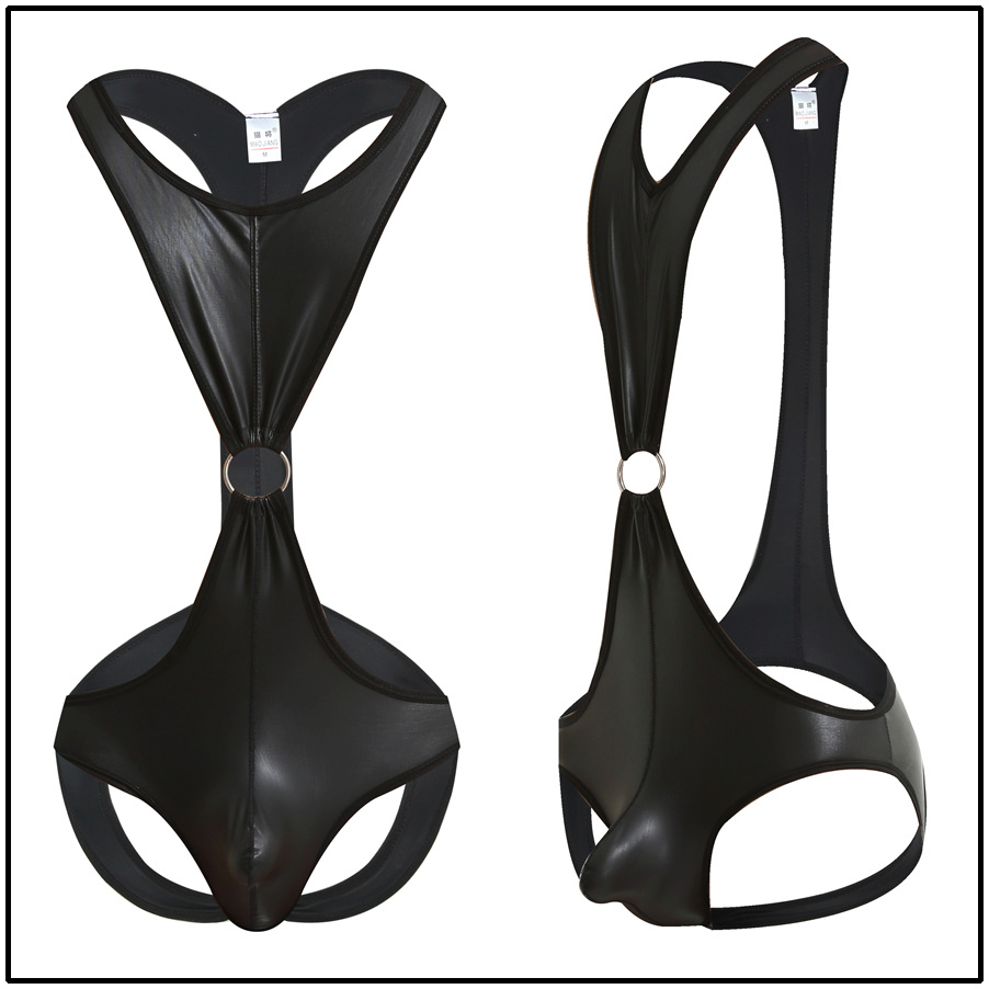 Amazon cross-border sexy men's underwear imitation patent leather wrestling suit jumpsuit beach back empty sports briefs