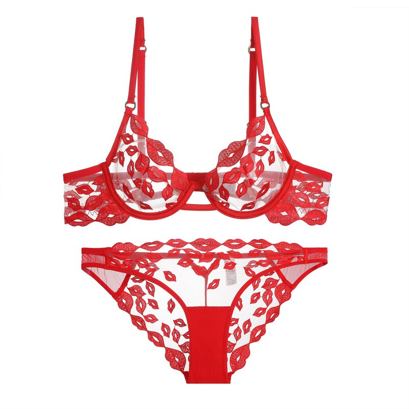 New Year Red Underwear Ultra-thin Red Lip Embroidered French Underwear Valentine's Day Gift Big Chest Small plus size Bra