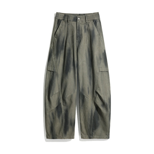 JIAMU American Retro Pleated Loose Neutral Style Dirty Dyed Bended Knife Casual Pants for Men and Women Sheer Wide Leg Work Pants
