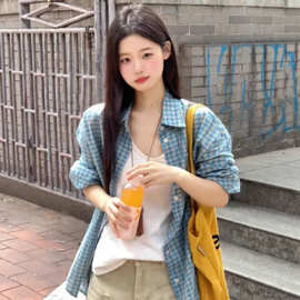 蓝色格子polo领长袖防晒衬衫女夏季薄款外搭衬衣外套百搭休闲上衣