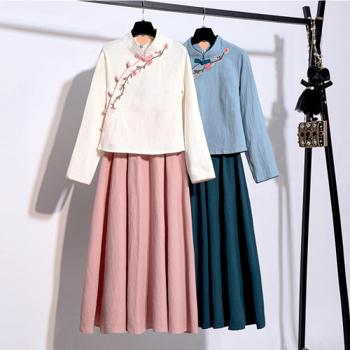 Improved Hanfu Women's Ancient Costume Chinese Style Republican Style Embroidered Cotton Linen Tea Dress Traditional Costume Set