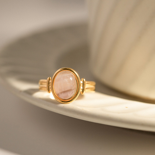 Elegant European and American Instagram-style ring: Oval semi-precious stone open-ring, cross-border fashion design—versatile for women, made from durable titanium steel that won’t fade.