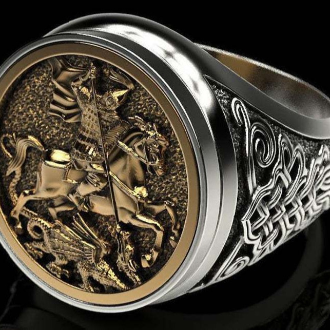 Anello uomo san giorgio ritratto drago design bicolore_voghion.com