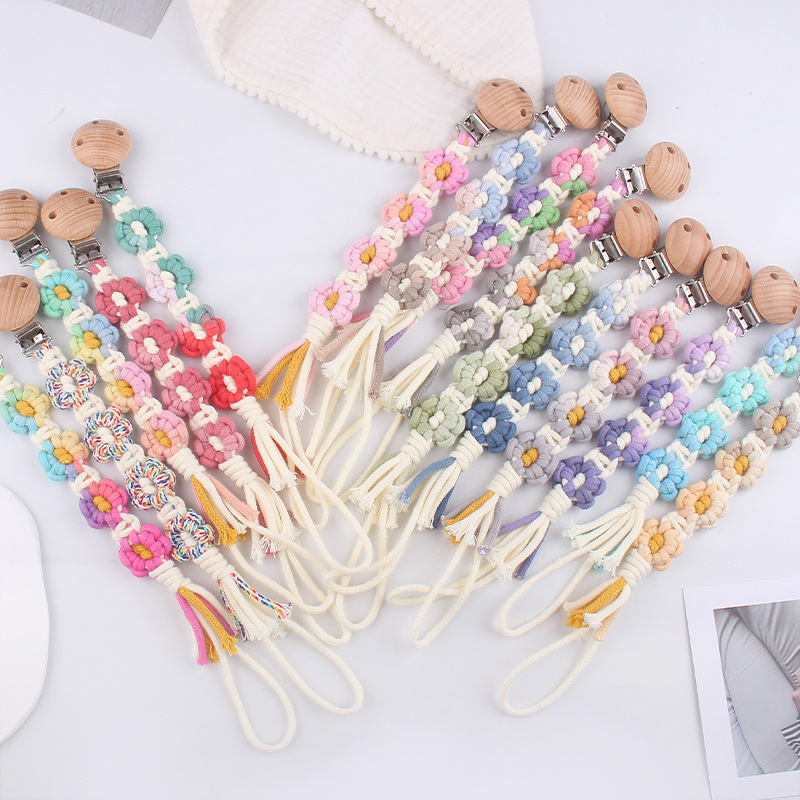 Productos para bebés Clip de chupete de haya Creativo Tejido a mano Estilo pastoral Cadena de chupete de margarita de color