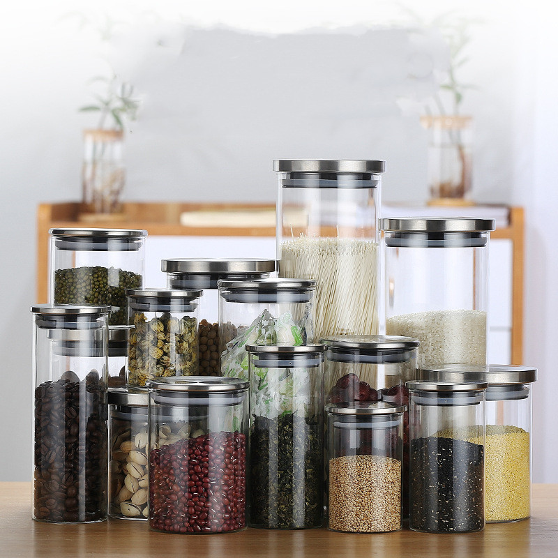 Frasco de Vidrio con Tapa de Acero Inoxidable, Frasco de Almacenamiento Sellado, Frasco de Vidrio Sellado para Cocina, Condimento, Hogar, Frasco Transparente