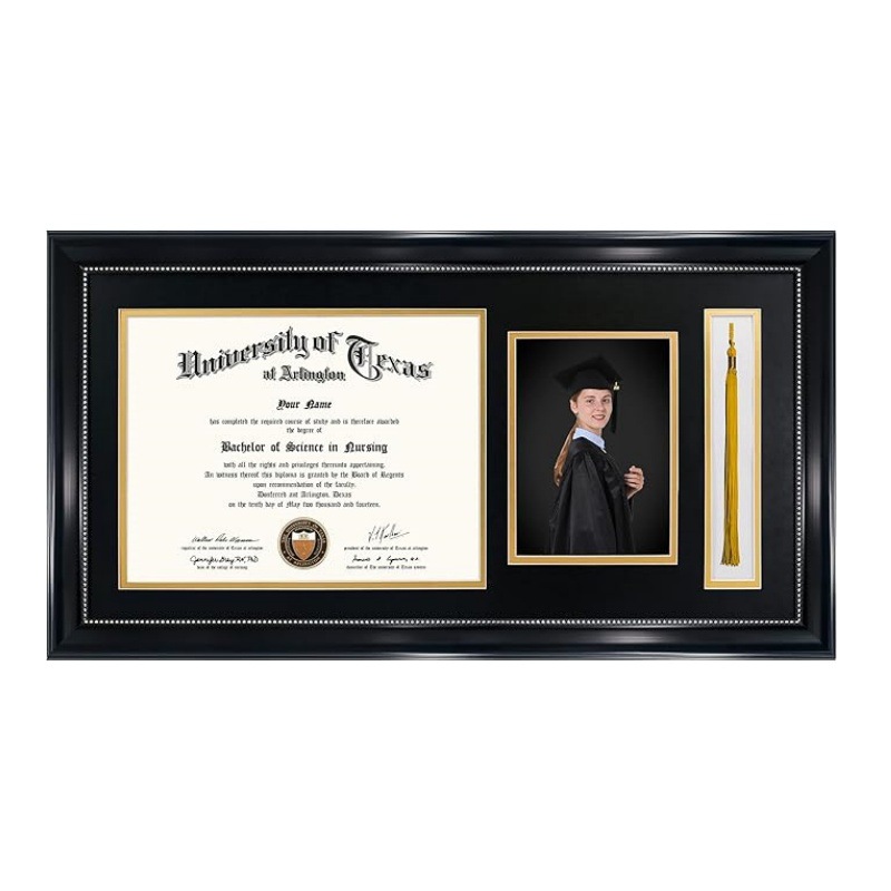 Wooden diploma frame with tassel rack and photo frame can be put certificate photo black gold pad authorization letter honorary graduation