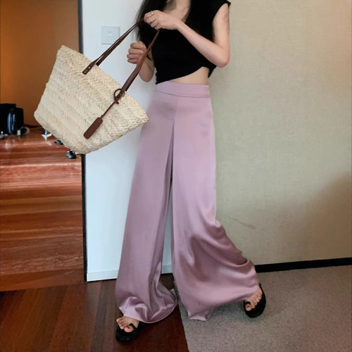 Elegant acetate pure color silky satin drop-waist relaxed wide-leg pants for summer 2025, high-waisted floor-length trousers