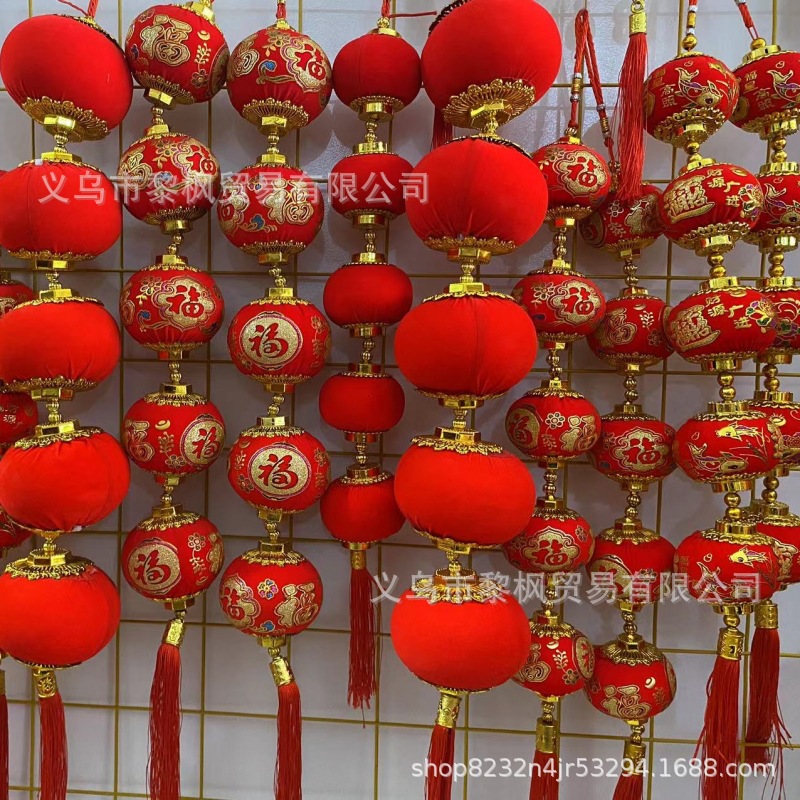 印花绒布灯笼五连串挂件结婚全红灯笼串装饰春节新年绒布灯笼挂件