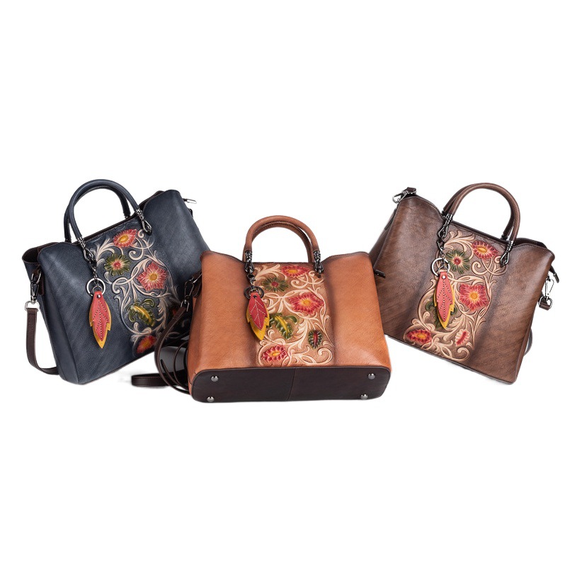 Vegetable Tanning Top Layer Cowhide Vintage Genuine Leather Women's Bag Handbag Crossbody Bag Embossed Color Simple Large Capacity High-end Sense