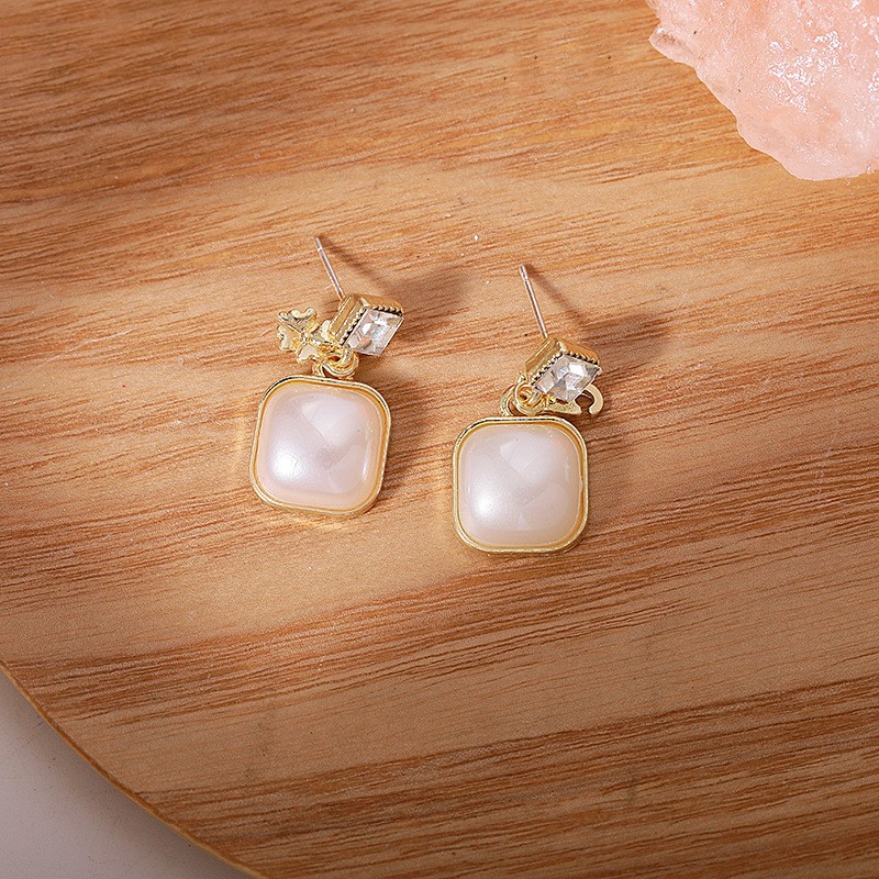 Retro square fashionable earrings with letters with zircon pearl