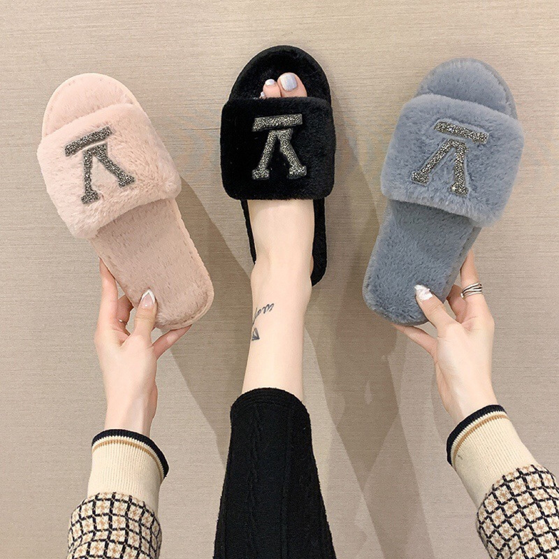 Women's L-shaped fluffy slippers, new autumn and winter home style, with shiny rhinestones, flat-soled, warm, trendy cotton slippers