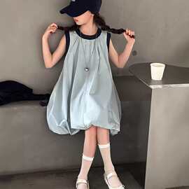 女宝韩系藏青领拼色花苞裙中大童夏季新款拼接时尚无袖气质连衣裙