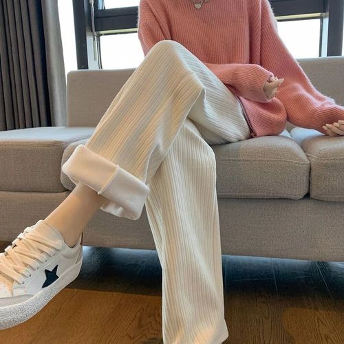 New padded and thick knitted wide-leg pants for women, autumn and winter corduroy casual pants, loose and drooping straight-leg pants