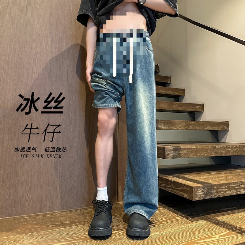 クロスボーダー太った男の子プラスサイズ弾性シミタージーンズメンズ太い脚と大きなお尻アイスシルクパンツ夏柳|undefined