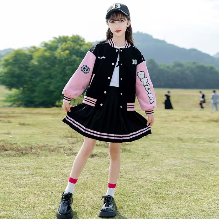 Chaqueta de béisbol para niñas conjunto de dos piezas de primavera y otoño 2023 nuevos niños medianos y grandes ropa de estudiante traje de niña Falda plisada