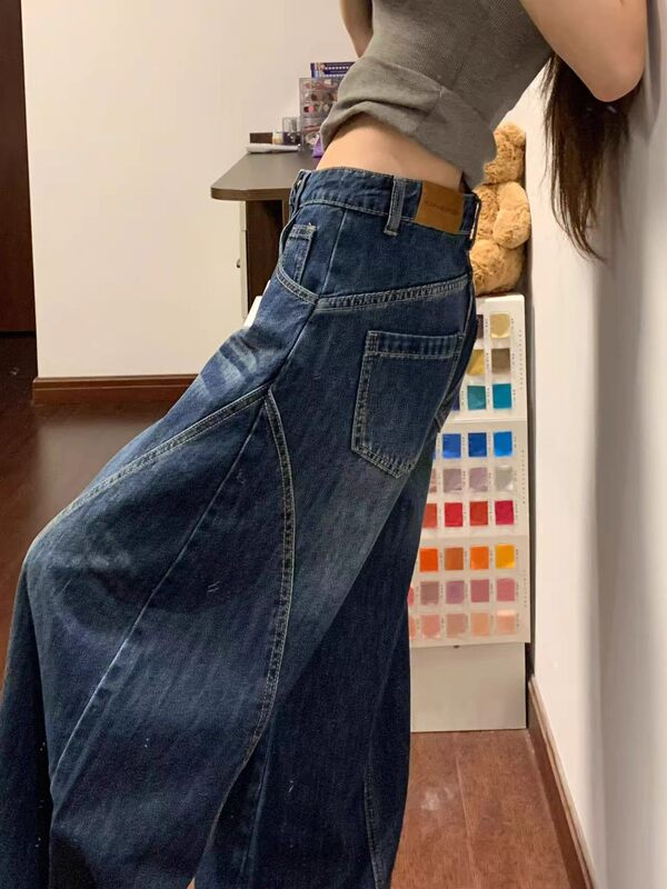 Quần jeans nữ ống cong cạp cao dáng rộng phong cách retro, quần dài có lót lông — Quần đơn màu xanh đậm