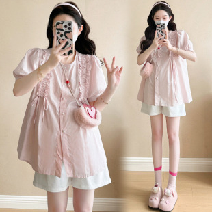 in stock Pregnant Women's Washed Cotton Top with Open Button Breastfeeding Shirt for Hip Covering and Belly Shirts Two-piece Set