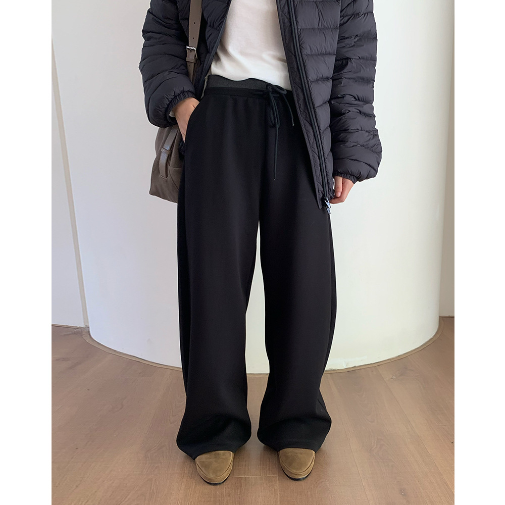 EVERTRUE 针织休闲裤女冬季新款韩版高腰宽松弯刀系带阔腿裤68103