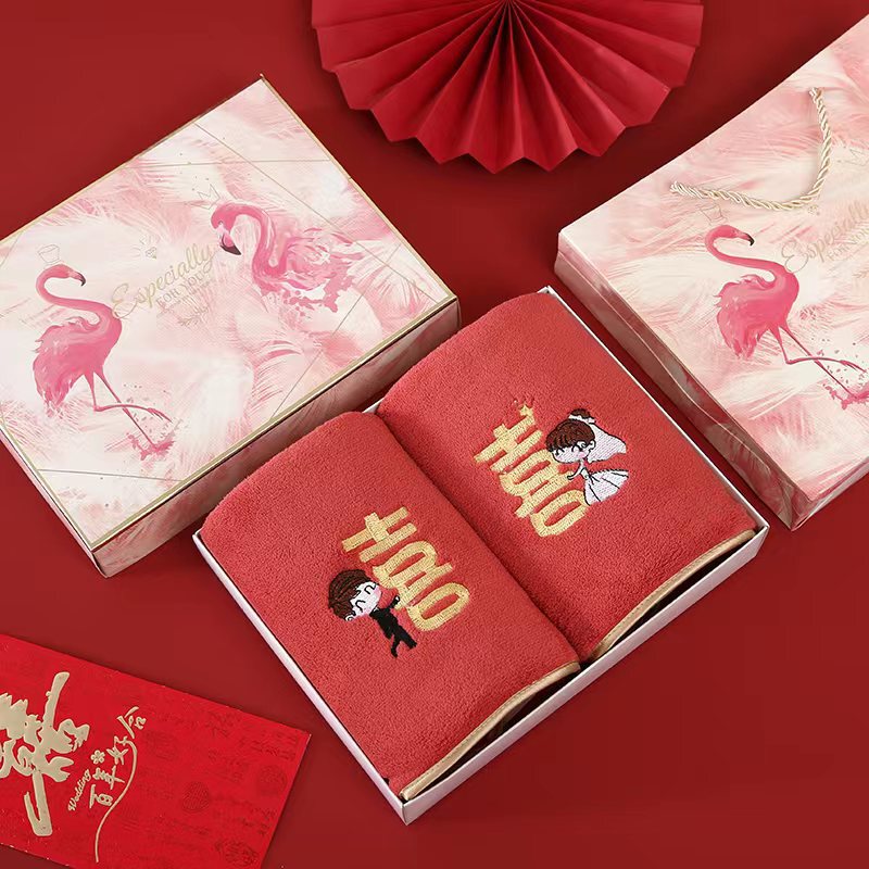 Coral fleece couple wedding towel hand gift commemorative wedding towel return soft face towel logo embroidery