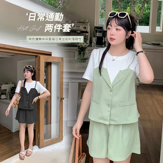 沐钧大码女装假两件上衣短裤套装夏季新款遮肉两件套260415