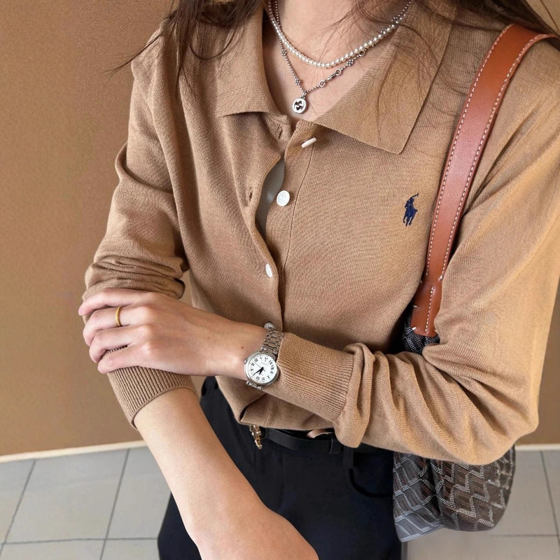 Ralph Lauren Classic Versatile Lapel Pure Color Basic Pony Embroidered Logo Knitted Cardigan Long Sleeves