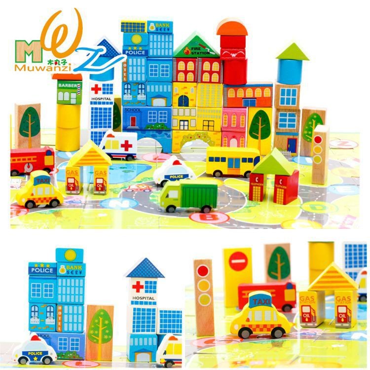 Bloques de construcción de madera para niños 62 piezas de aprendizaje tema creativo bloques de construcción de calidad montaje de partículas grandes juguetes educativos de educación temprana
