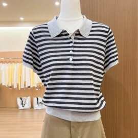 【冰爽丝洗水】条纹polo领半开扣短袖针织衫女夏季新款宽松翻领上