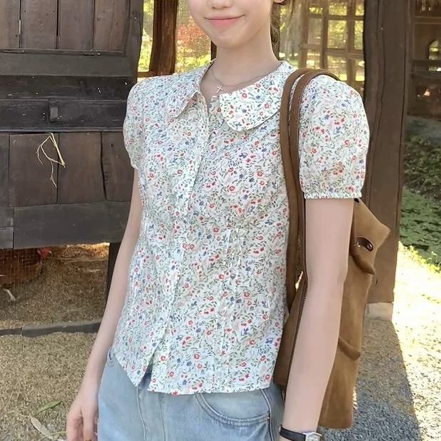 Tuu图画  碎花娃娃领短袖衬衫女春夏复古泡泡袖百搭上衣