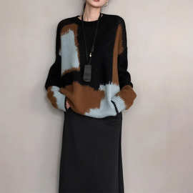 拼色软糯针织毛衣女款2025秋冬季新款韩系氛围感穿搭长袖chic上衣