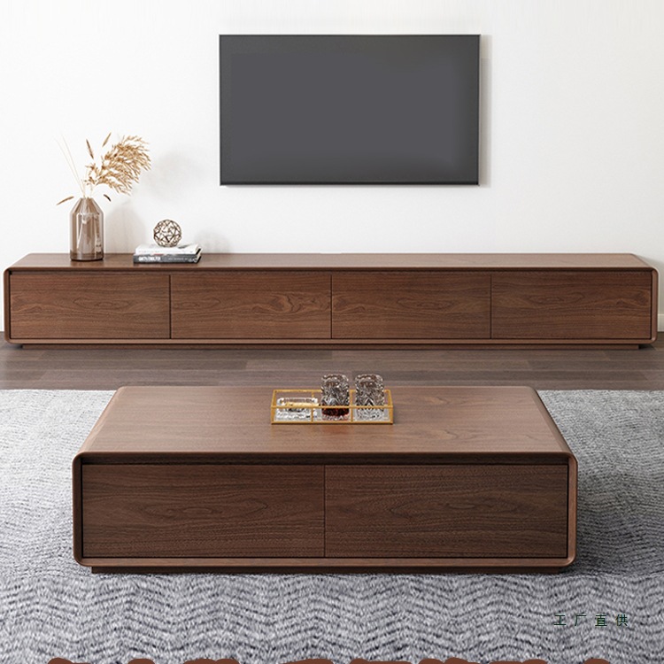 Solid Wood Tv Cabinet Simple Walnut Color Living Room Home Rubber Wood Coffee Table Combination Large and Small Apartment Style Antique Floor Cabinet