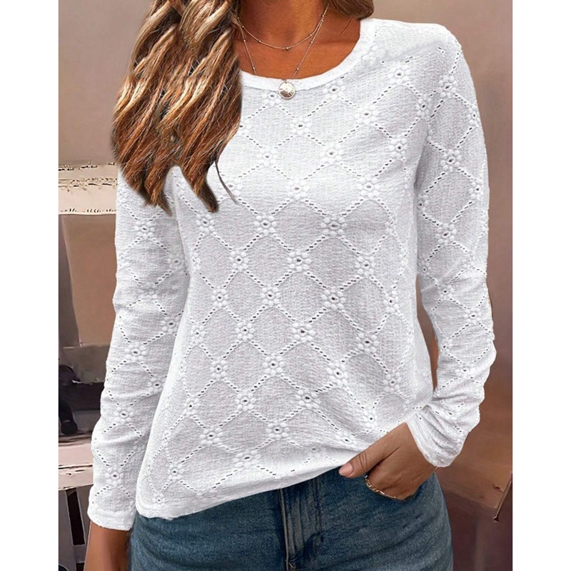 Women's Clothing Solid Color Jacquard Round Neck Long Sleeve T shirt Tops_voghion.com