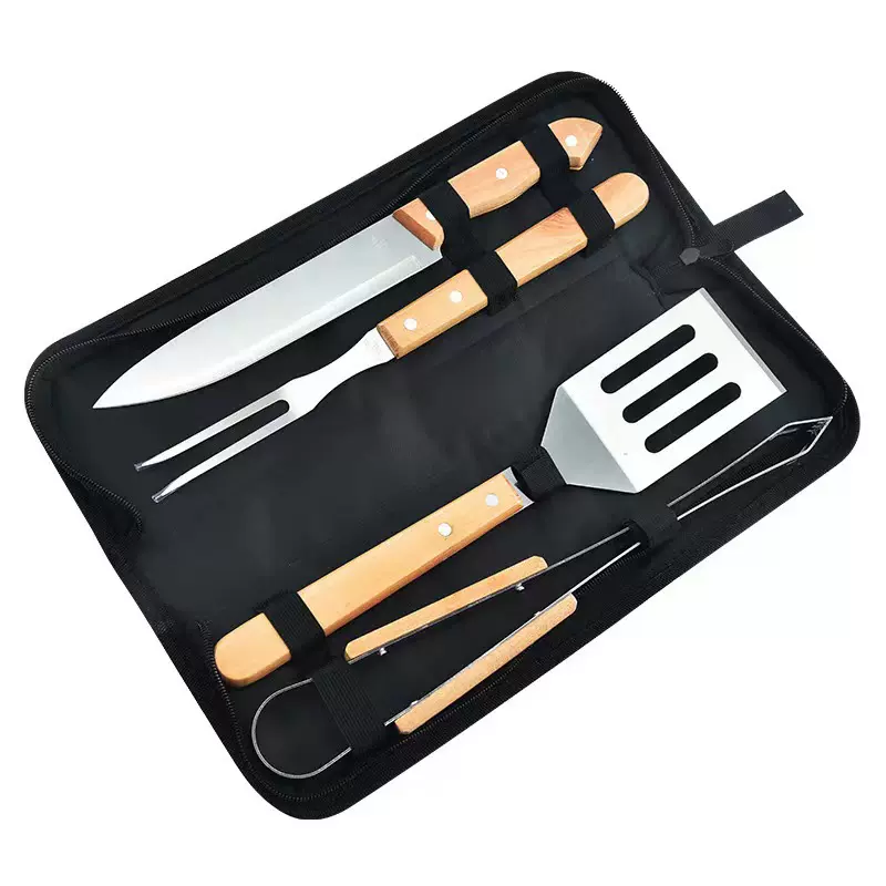 亚马逊户外不锈钢烧烤套装BBQ木柄叉铲夹组合河木柄烧烤具套装