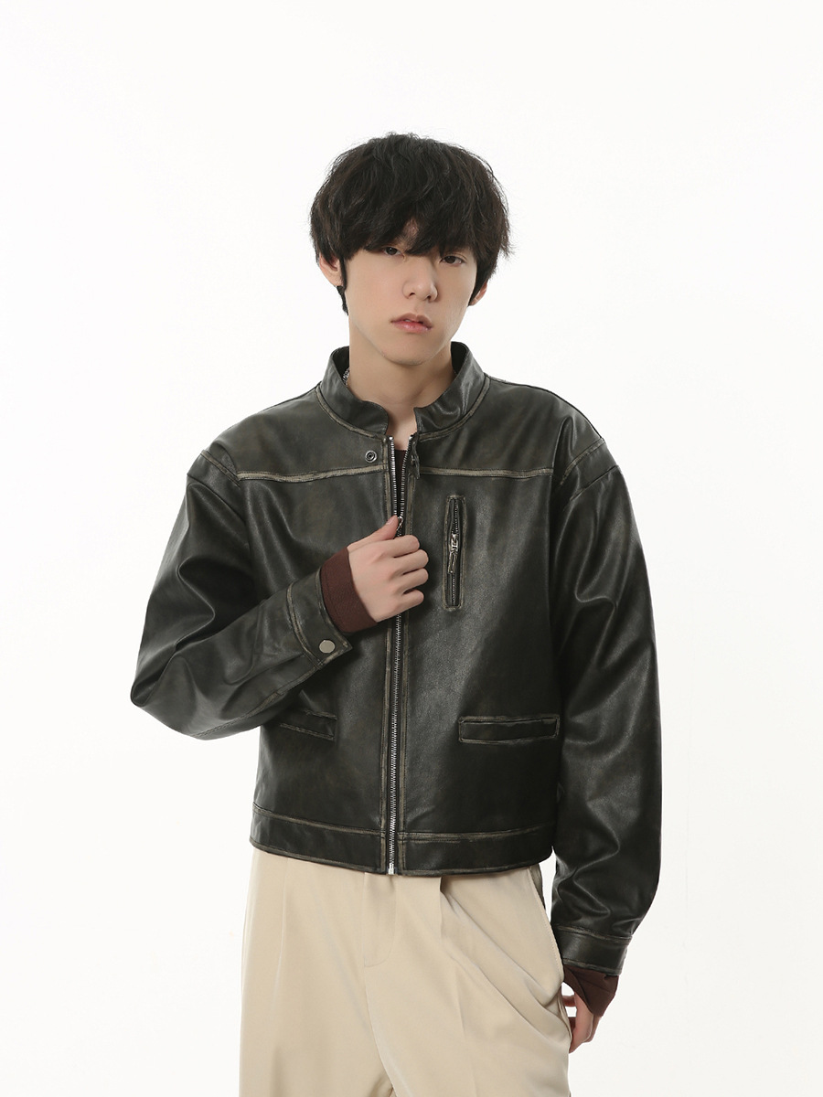 MTLCLOTHES Hombres| 2023 otoño vintage locomotora chaqueta de cuero negro abrigo corto suelto pu piel de moda