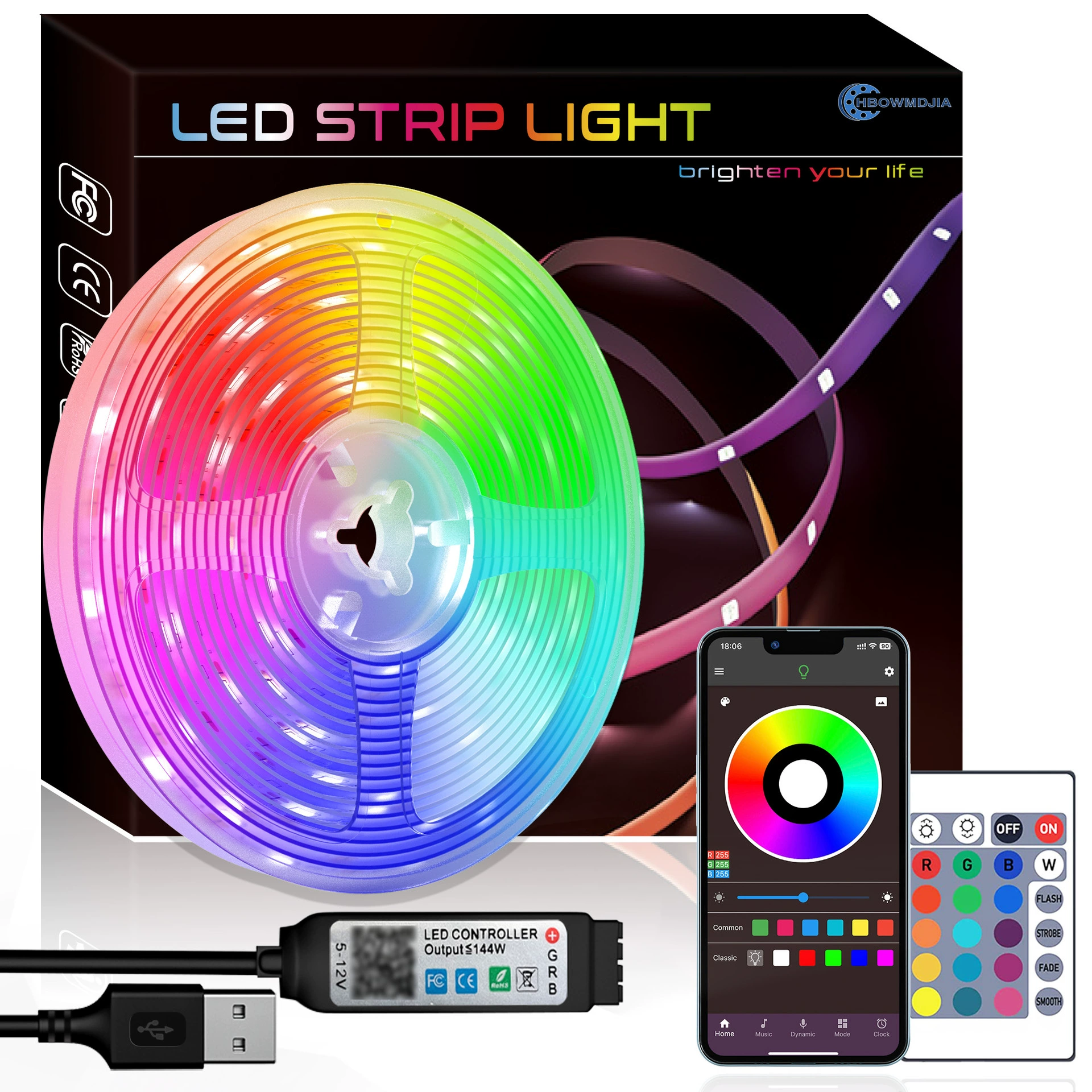 Накладная светодиодная лента RGB 5050 5В, многоцветная с регулируемой яркостью, управление Bluetooth/инфракрасное