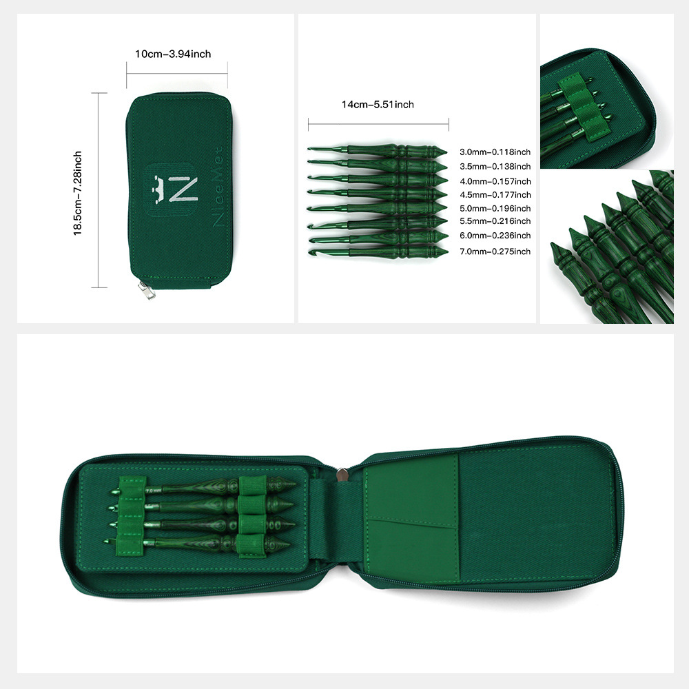 Aguja de trenzado transfronteriza de madera sintética verde ganchillo 3.0-7.0 pequeño estilo europeo mango de ganchillo 8 conjuntos
