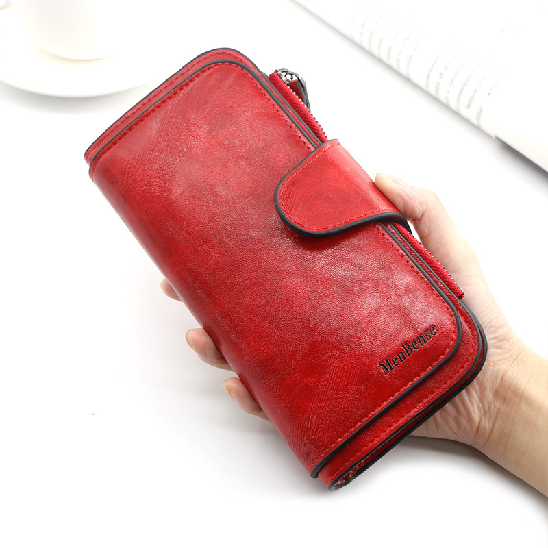 Cartera de nuevo estilo, billetera larga para mujer de moda, billetera, monedero de color sólido de cuero de cera de aceite simple, embrague al por mayor